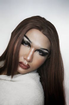 Close-up portrait of a woman with long hair and bold makeup on a white background.