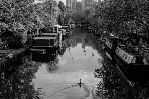 Black and White Photography of Canal with Floating Houses
