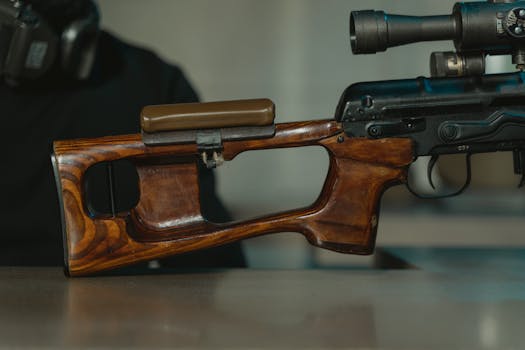 Detailed view of a sniper rifle's wooden stock, showcasing craftsmanship and precision.