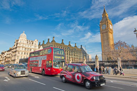 A vibrant scene of London with buses, taxis, and iconic Big Ben amidst urban life.