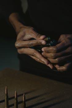 Detailed image of hands loading a magazine with ammunition bullets, emphasizing precision and care.