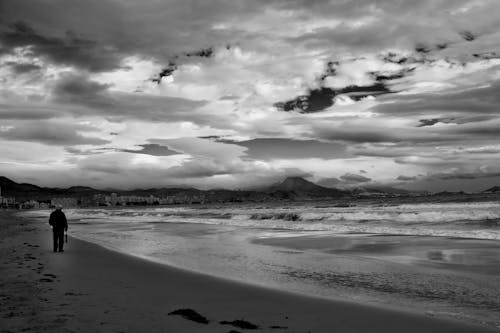 Grayscale Photo of Person Standing at the Beach 