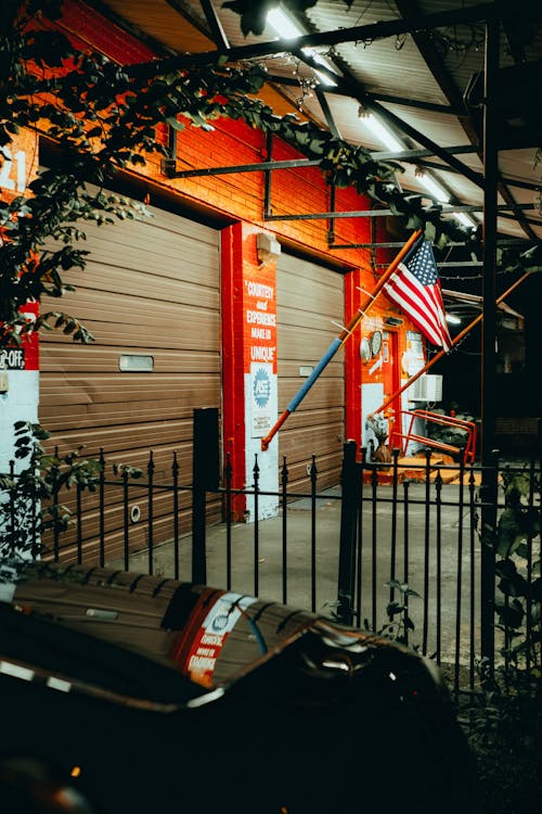US Flag Hoisted on a Garage