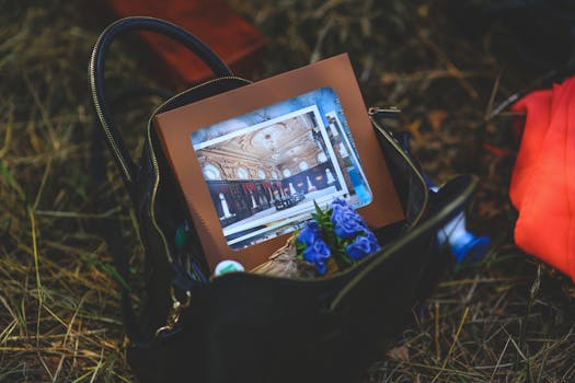 A chic handbag on grass holds a framed picture and flowers, blending elegance and nature.