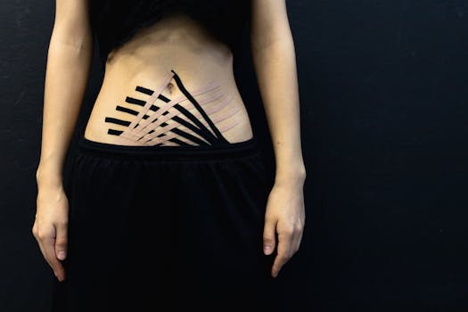 Female abdomen with kinesiology tape for physical therapy on black background.