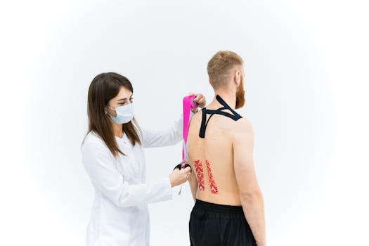 Medical practitioner applying kinesiology tape to a shirtless male patient's back.