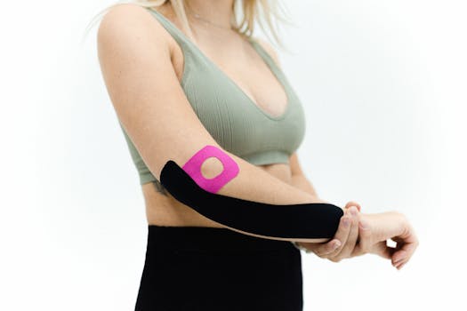 Close-up of a woman applying kinesiology tape on her arm for therapeutic injury support.