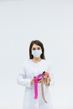 Woman in medical attire holding colorful kinesiology tapes in clinical setting.