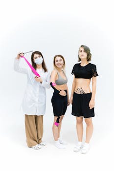 Women demonstrate kinesio taping therapy technique on white background for muscle health.