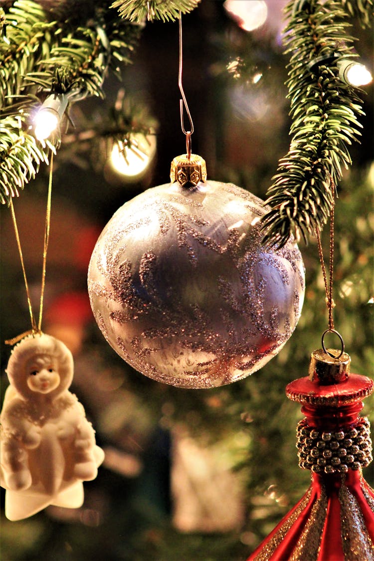 Christmas Ball Hanging On Green Pine Tree