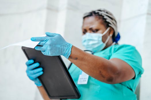 Healthcare professional in scrubs and mask reviewing documents with concentration.