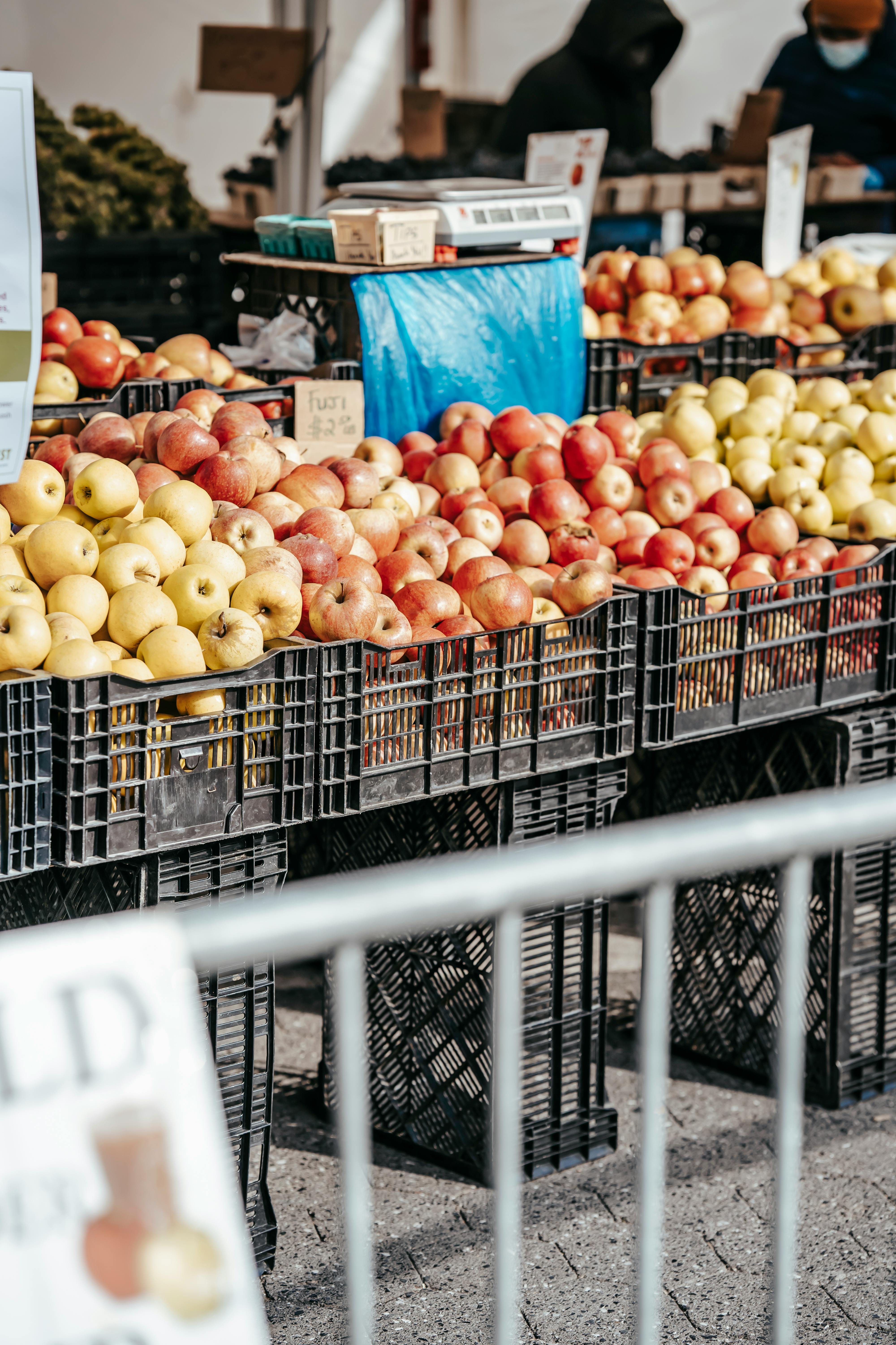 different sorts of apples in boxes at market