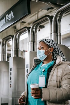 Low angle of adult African American nurse in uniform outerwear and protective face mask passing through turnstile in underground station
