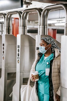Thoughtful adult African American female doctor with takeaway coffee in blue uniform warm clothes and protective mask passing through turnstile gate while commuting to work in metro station
