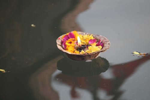 Free Close-Up Photo of a Lit Candle with Flower Petals Stock Photo
