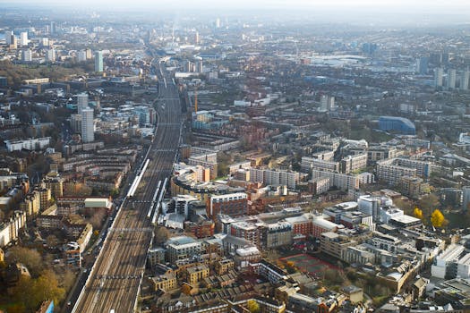 Explore a vibrant aerial view of London's architecture and infrastructure.
