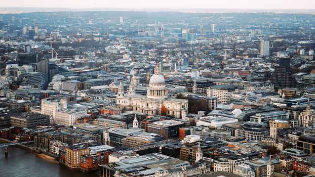Stunning aerial view of St Paul's Cathedral amidst the London cityscape.