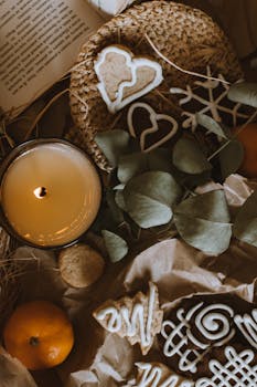 A cozy and rustic flat lay featuring a lit candle, cookies, and green leaves.