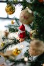 Decorated fir tree with baubles during New Year holiday