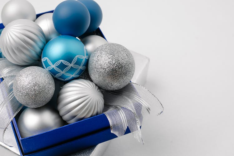 Festive Sparkling Silver And Blue Baubles In Box