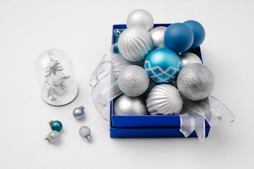 Christmas baubles in blue box