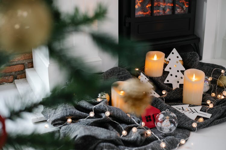 Christmas Decorations Near Fireplace At Home