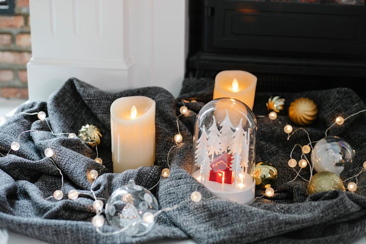 Christmas Decoration Placed On Blanket On Floor