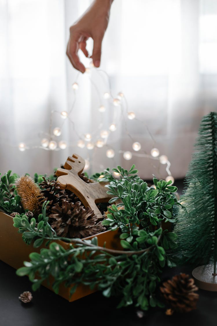 Person Putting Garland On Christmas Composition