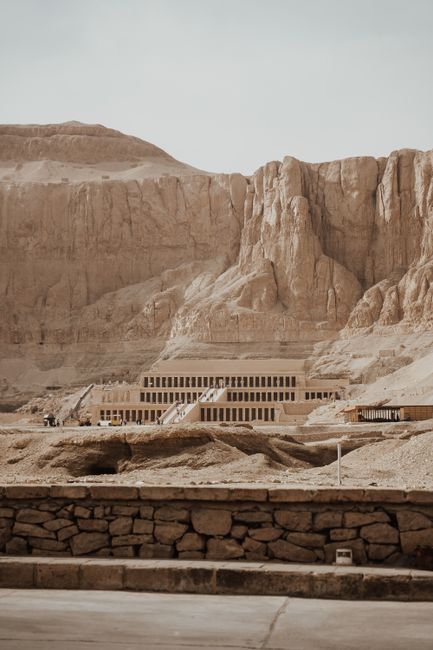Iconic architectural marvel, the Mortuary Temple of Hatshepsut, nestled in Egypt's desert landscape.