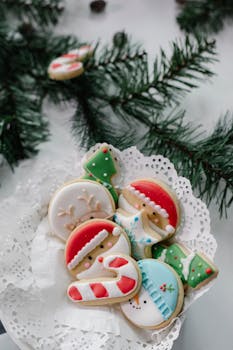 Colorful holiday cookies featuring festive designs with evergreen branches.