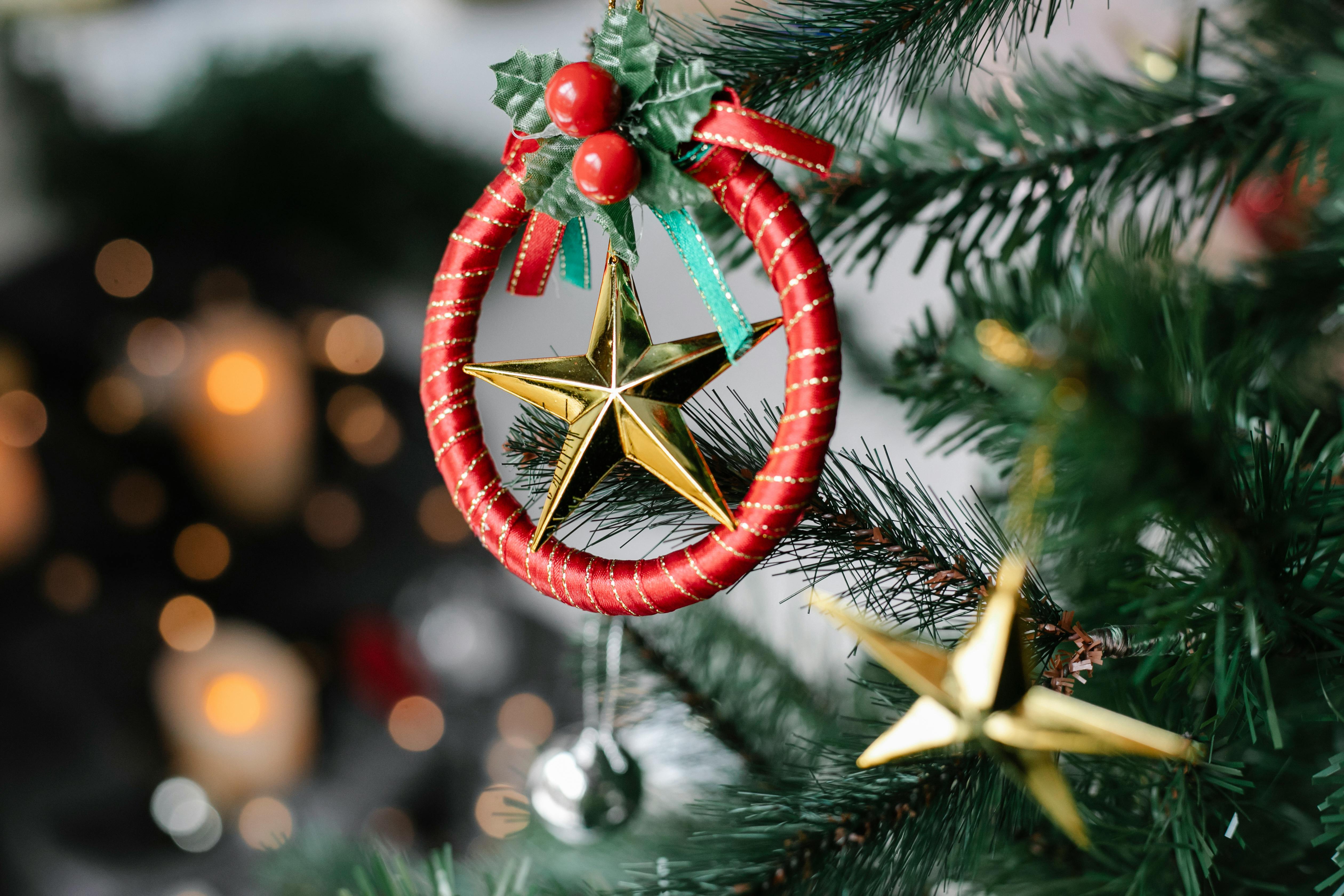 christmas decorations hanging on green fir