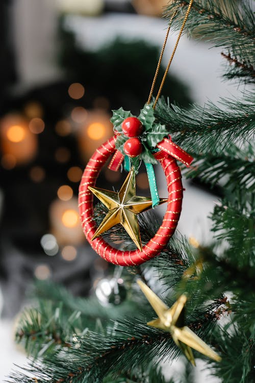 Christmas decorations in form of stars hanging on branches of green fir tree against blurred background with glowing garland