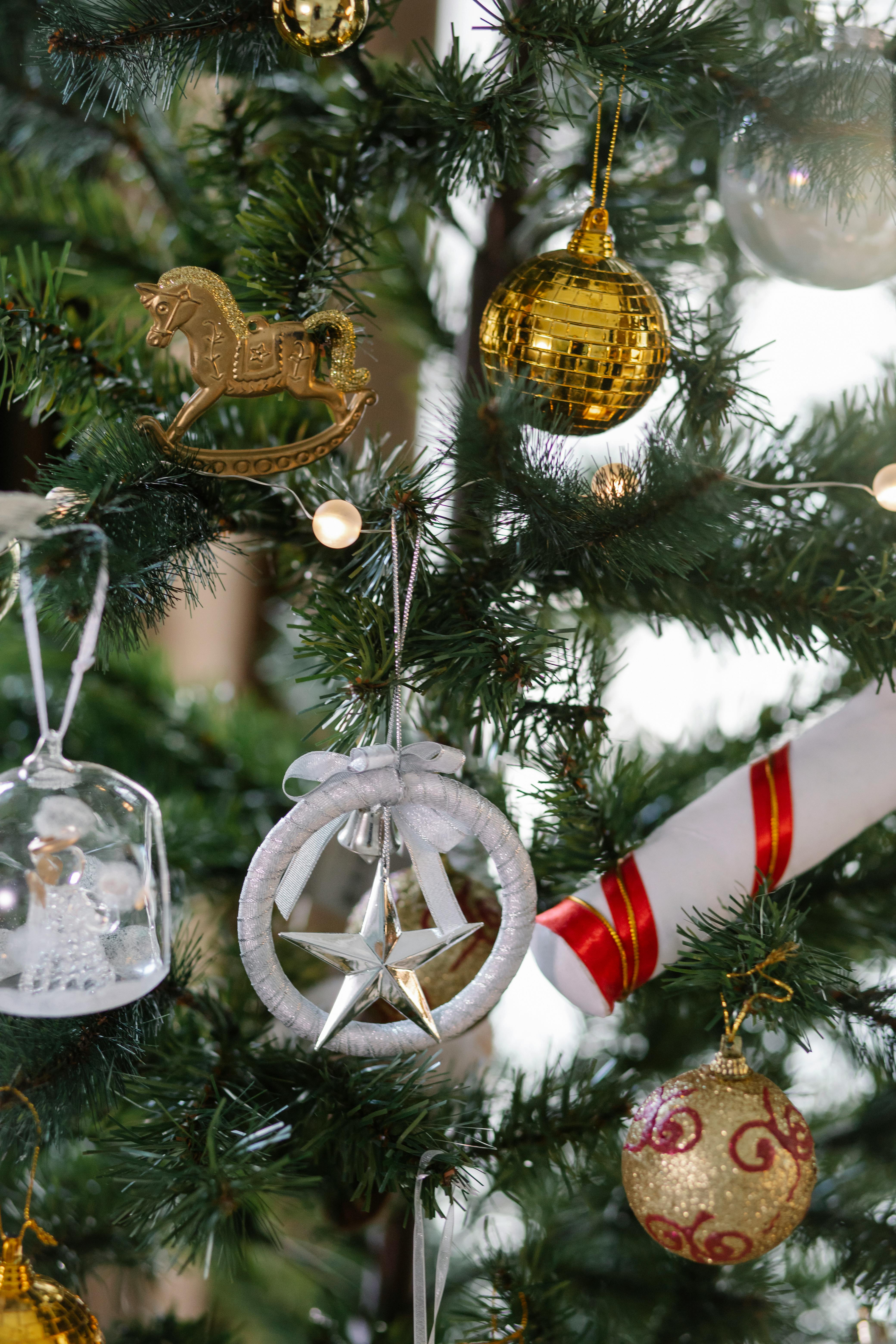 colorful christmas balls hanging on fir