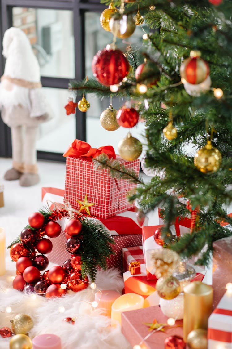 Christmas Tree With Baubles And Gift Boxes