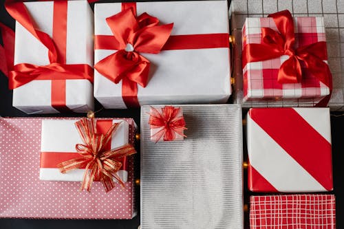 Free Gift boxes wrapped with ribbons for New Year Stock Photo