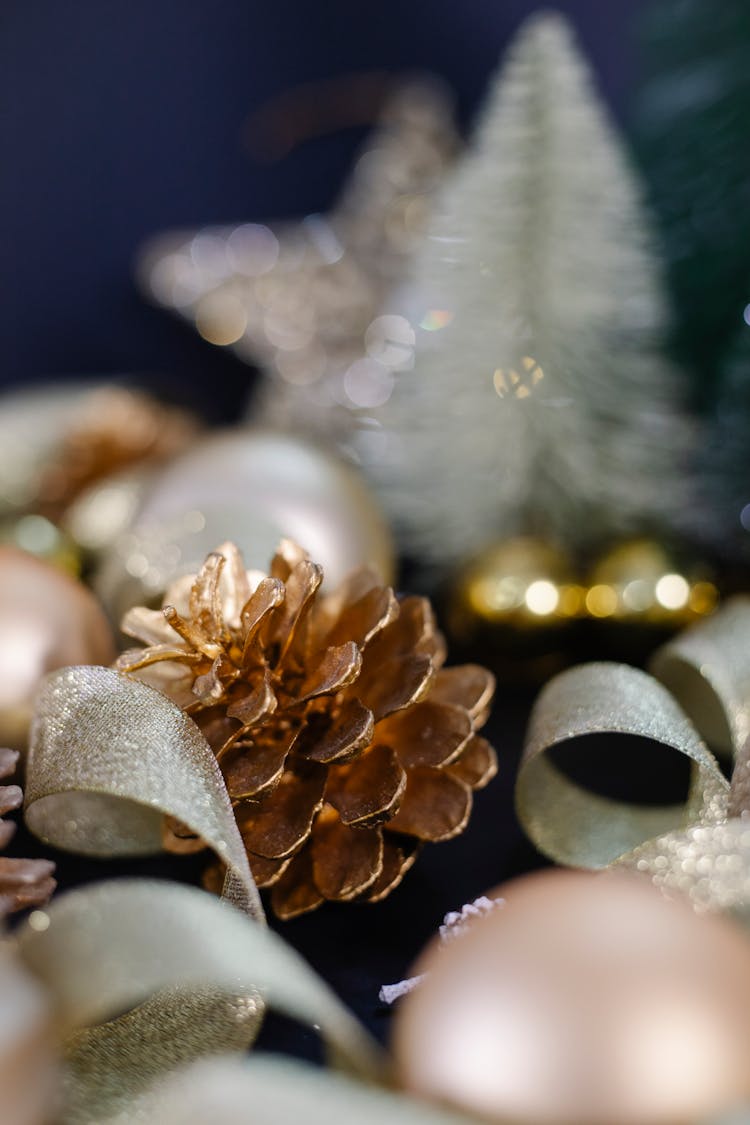 Christmas Decorations On Black Surface In Light Place