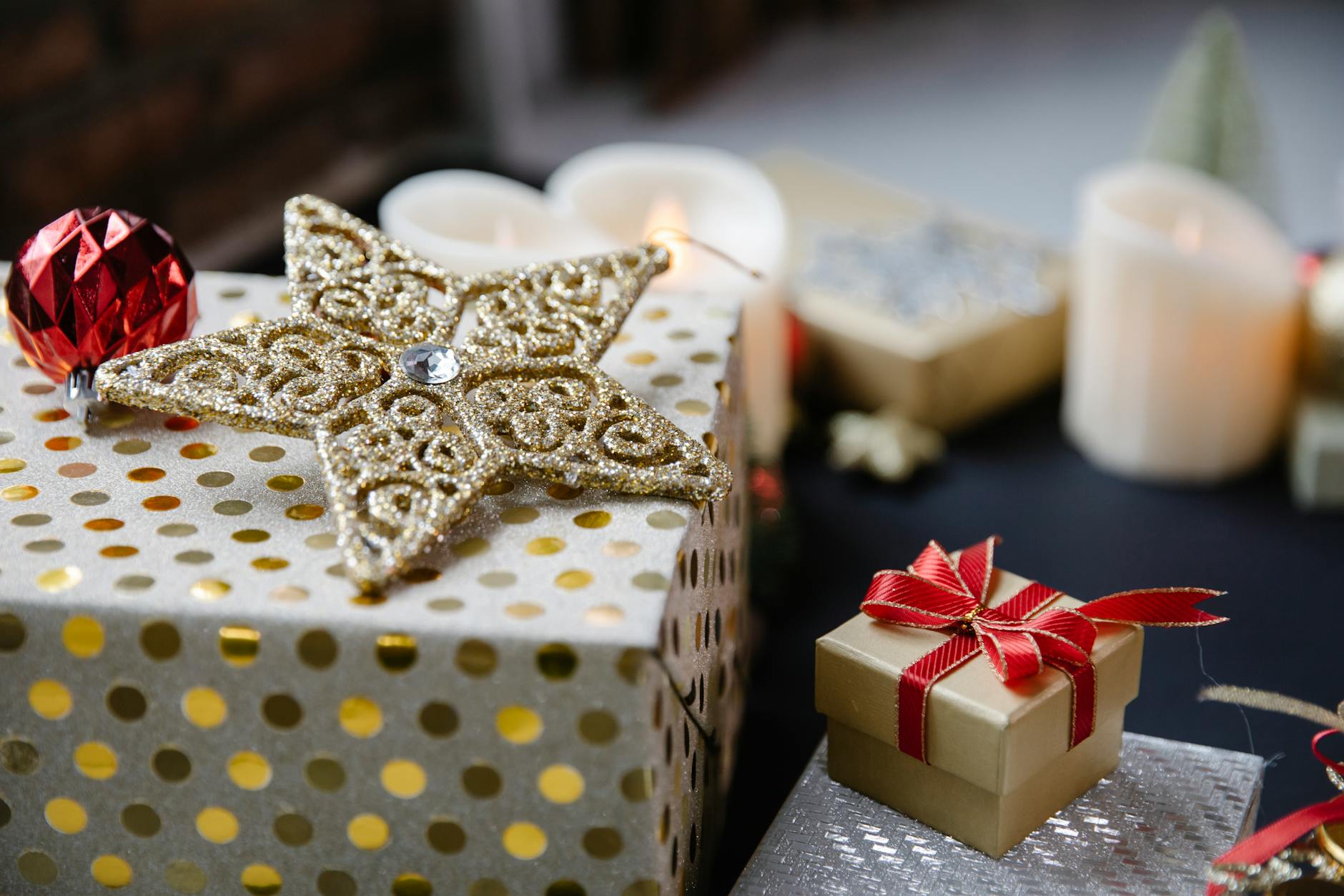 Decorative objects for Christmas on black surface