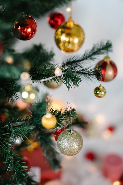 Free Red and golden shiny balls hanging on branches of green fir tree with glowing garland during Christmas celebration Stock Photo