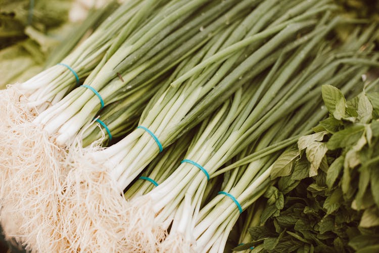 
A Close-Up Shot Of Bundles Of Scallions