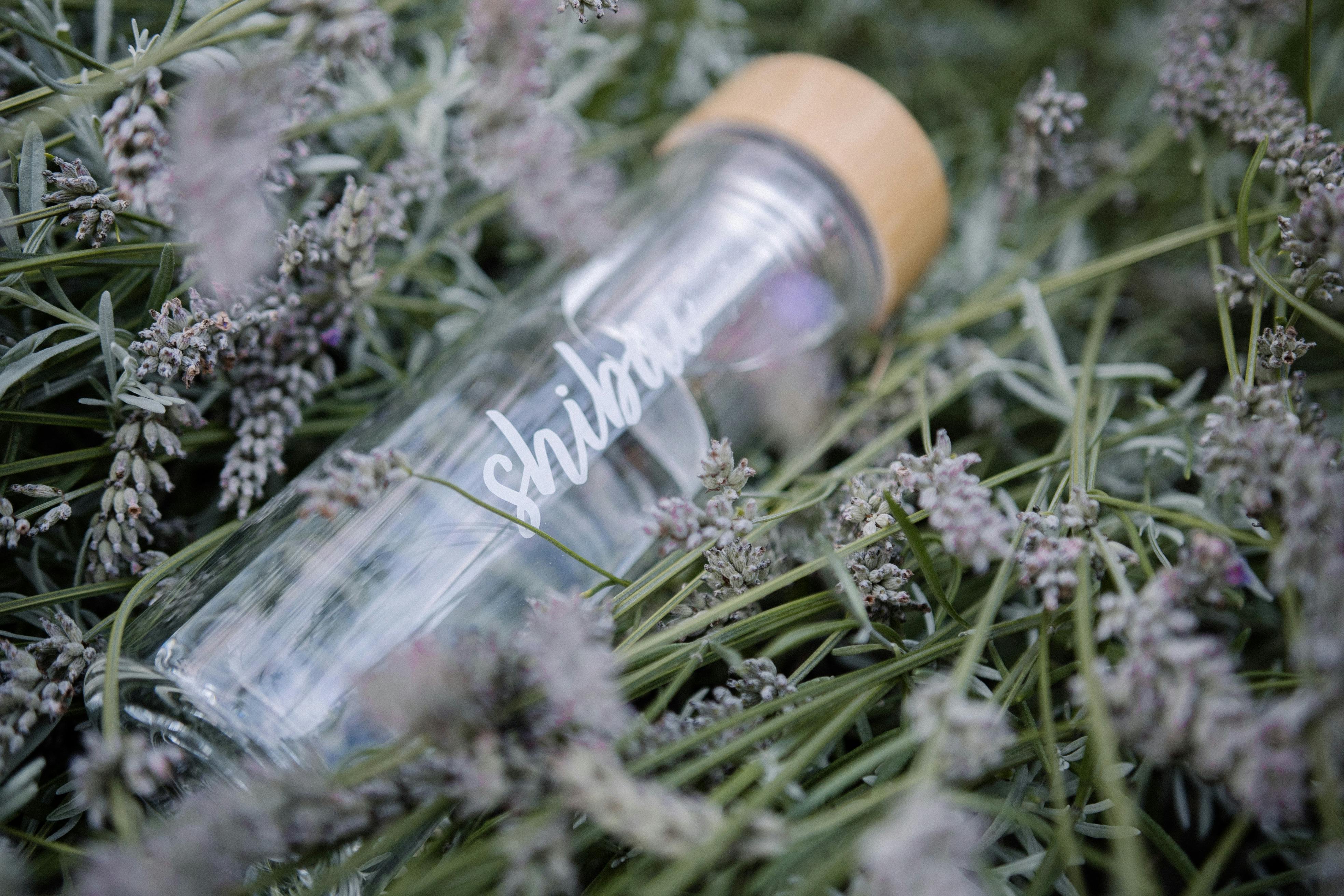 Glass water bottle with bamboo lid in a lush lavender field, emphasizing sustainability.