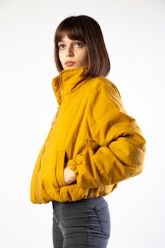 Portrait of a woman in a stylish yellow jacket looking away.