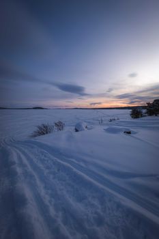Scenic landscape of empty snowy road in field near bushes in wintertime in countryside against clear evening sky