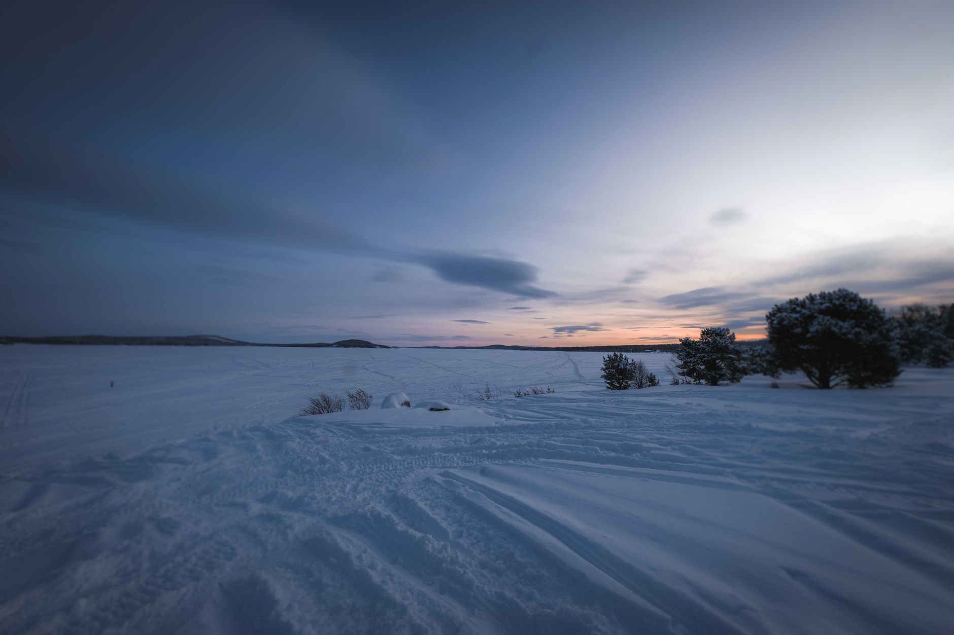 Open snowy field with scattered trees and a road, showing wind-exposed terrain under a clear evening sky.