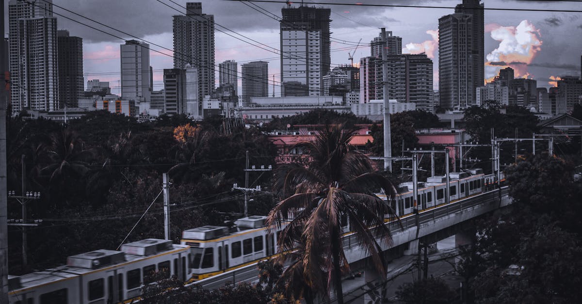 Photo by Joshua Rabusa Dynamic city skyline with a passing train at dusk under dramatic clouds.