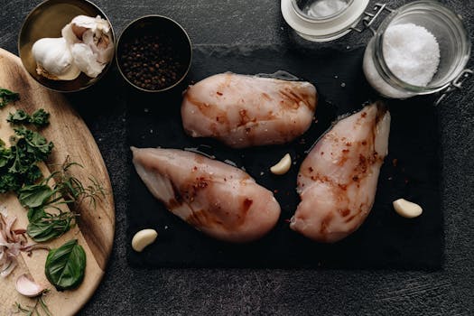 Overhead view of raw marinated chicken breasts with herbs and spices on a dark surface.