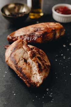 Juicy grilled chicken breasts displayed on a dark slate with seasoning.