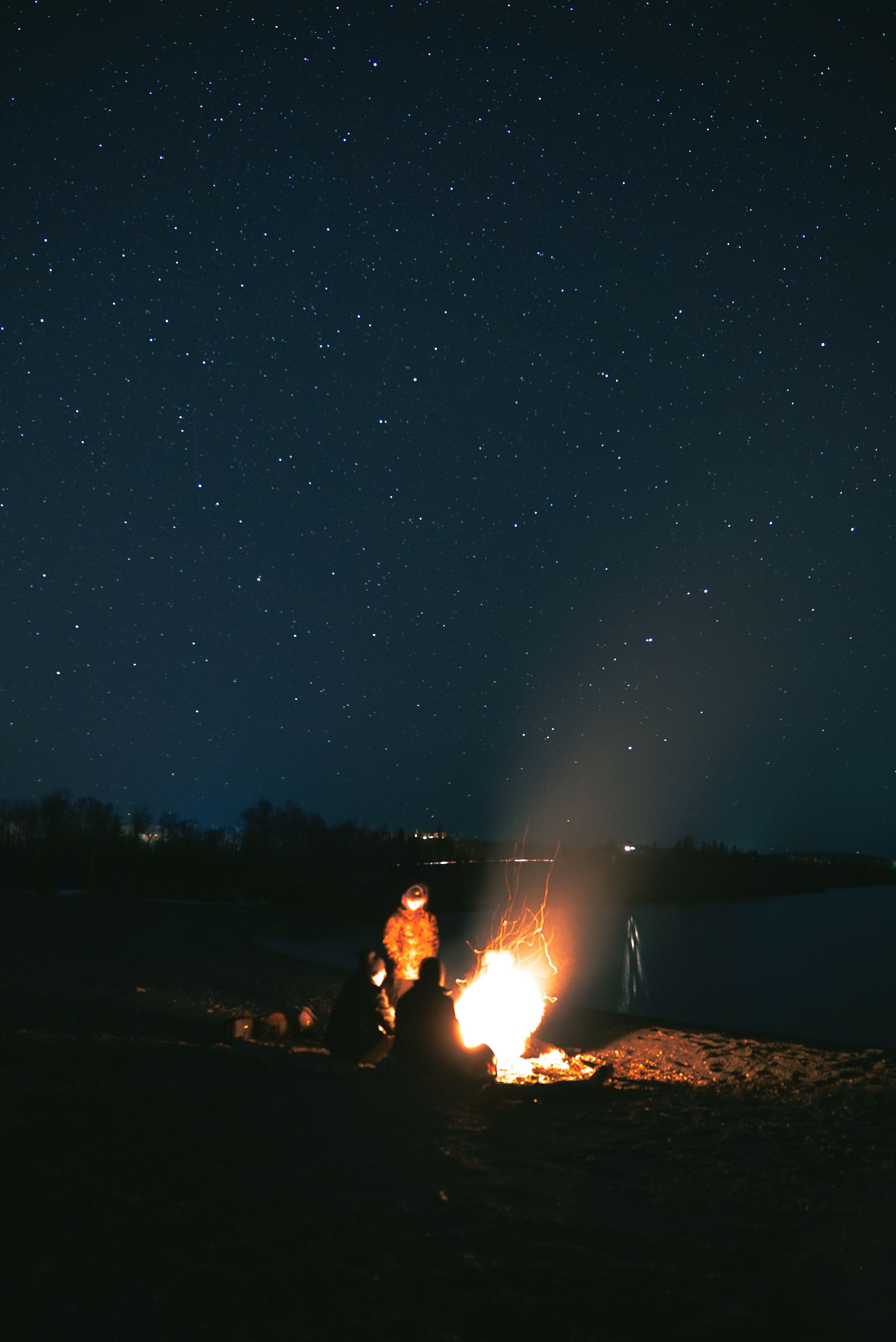 Campers by a bonfire under a starry sky