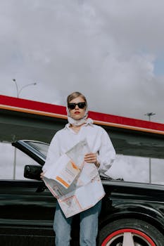Stylish woman in sunglasses with a map beside a car under cloudy skies.