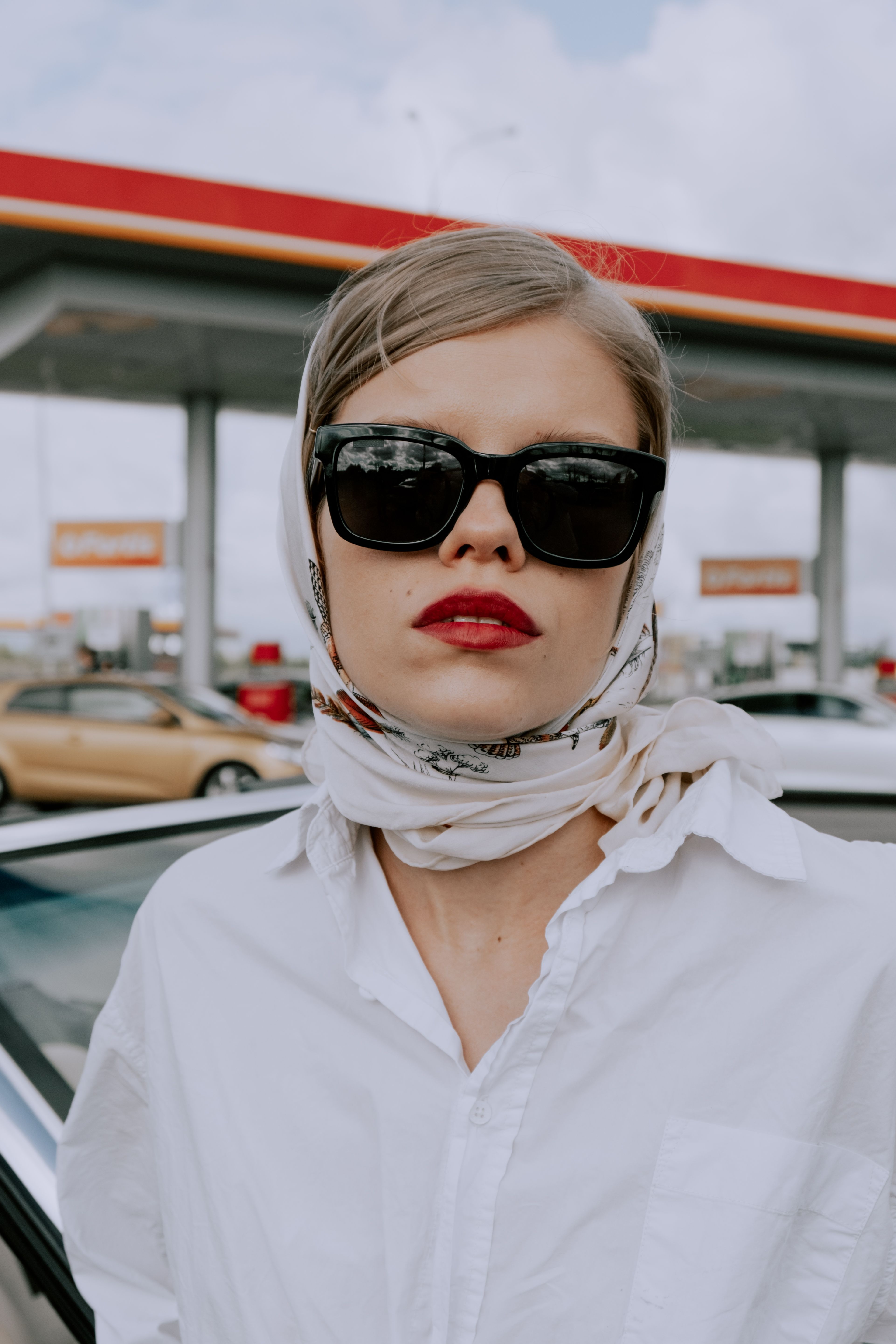 Woman in Red Lipstick Wearing Sunglasses and Kerchief · Free Stock Photo