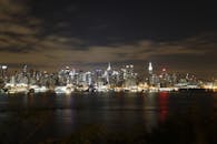 纽约市夜间天际线的全景令人惊叹，展现了明亮的建筑物和它们在河中的倒影